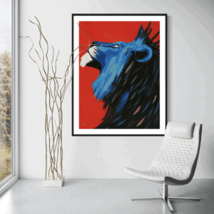 Blood and Blue lion art work displayed in modern interior setting
